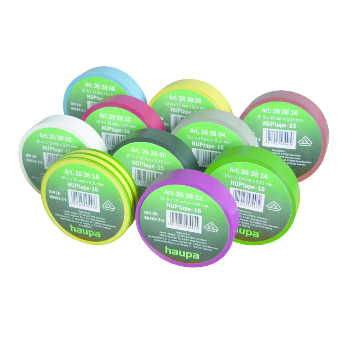Haupa Elektro-isolatietape 15 mm x 10 m Rainbow pak 10-delig - Afbeelding 1