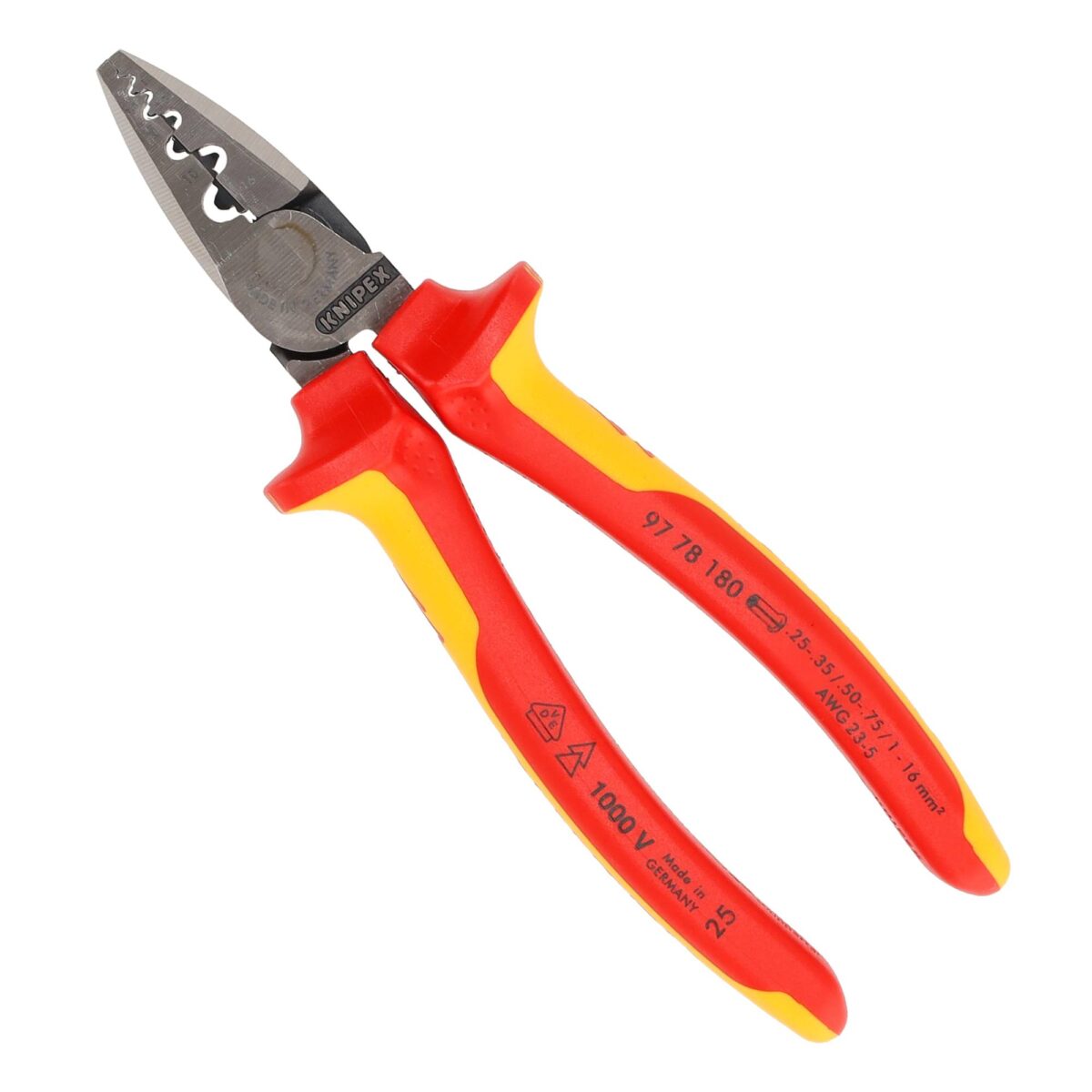 Knipex VDE Geïsoleerde Krimptang 180 mm – Voor Adereindhulzen 0,25–16 mm², Slanke Constructie met Diepe Krimpprofielen - Afbeelding 1