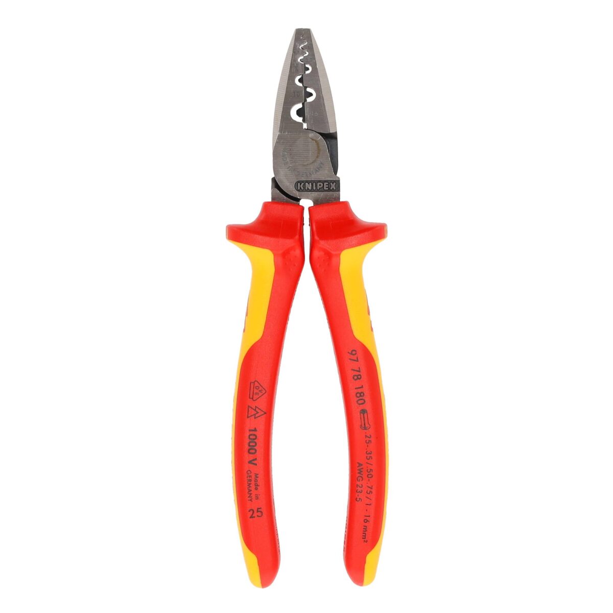 Knipex VDE Geïsoleerde Krimptang 180 mm – Voor Adereindhulzen 0,25–16 mm², Slanke Constructie met Diepe Krimpprofielen - Afbeelding 2