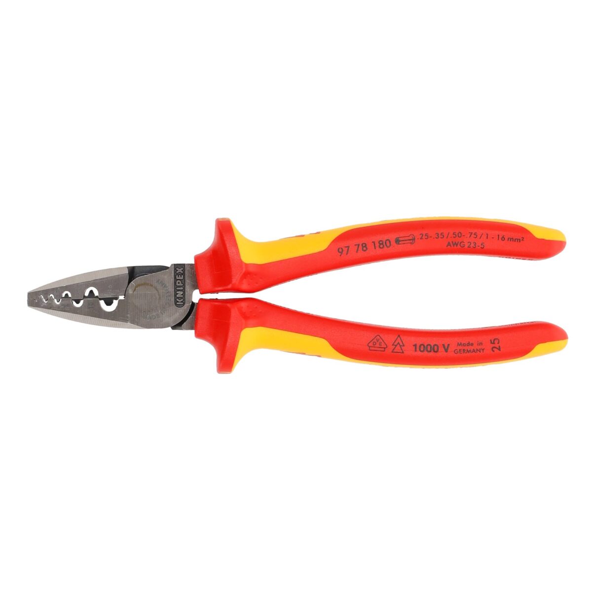 Knipex VDE Geïsoleerde Krimptang 180 mm – Voor Adereindhulzen 0,25–16 mm², Slanke Constructie met Diepe Krimpprofielen - Afbeelding 3