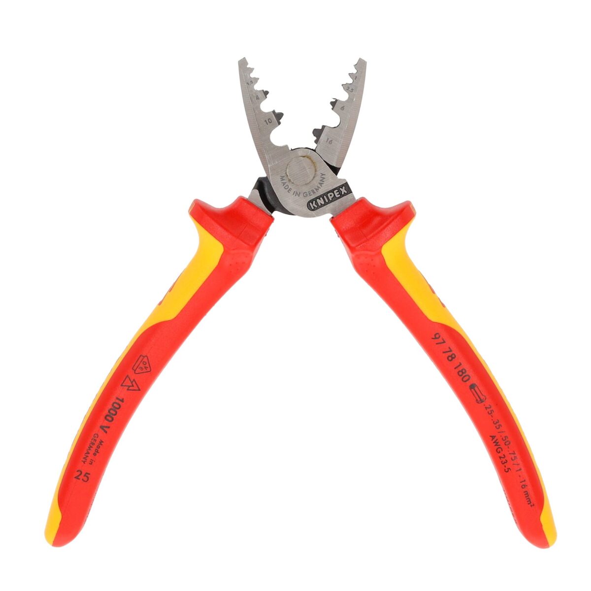 Knipex VDE Geïsoleerde Krimptang 180 mm – Voor Adereindhulzen 0,25–16 mm², Slanke Constructie met Diepe Krimpprofielen - Afbeelding 4